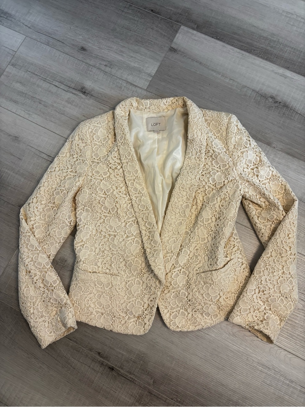 LOFT Floral Lace Blazer Jacket Cream White Ivory Open Front Size 8